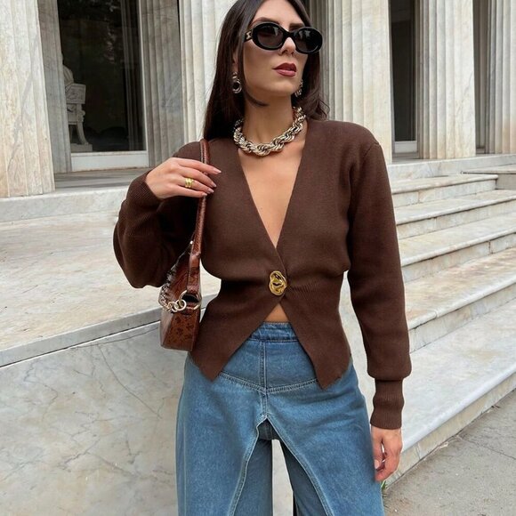 Brown Casual Women's V-Neck Button Long Sleeved Knitted Cardigan Top - Picture 2 of 7